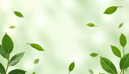 Fototapeta premium Soft Green Backdrop with Cascading Fresh Leaves of Green Tea. Airy, Natural Foliage. Eco-Friendly, Organic Vibes for a Sustainable Aesthetic, Vegan, eco, organic leaves.
