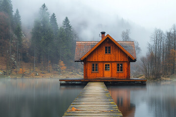 Obraz premium Wooden Lake House in Misty Forest Setting