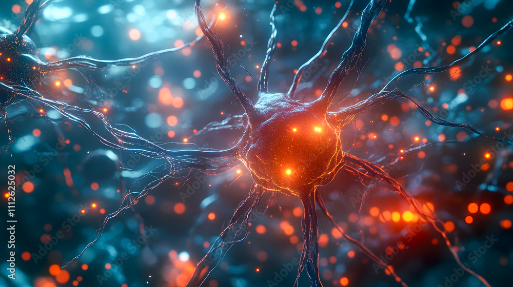 Poster intricate close-up of a neural cell surrounded by luminous particles in a vibrant, abstract represen