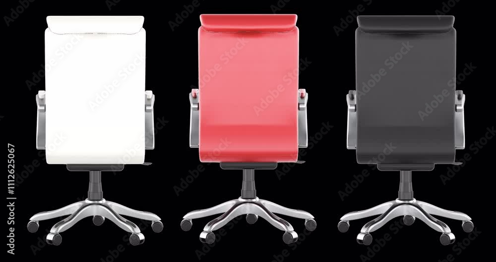 Poster office leather chairs. black, red and white color. rotation animation, seamlessly loopable. 3d rende