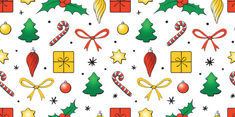 Vector seamless pattern of festive symbols - figures of Christmas trees, holly berries, presents, candy canes, stars in doodle flat style. Bright background and texture on theme New Year, xmas.