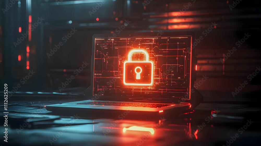 Poster digital locks and cybersecurity concepts on laptop screen with neon lights in technology environment