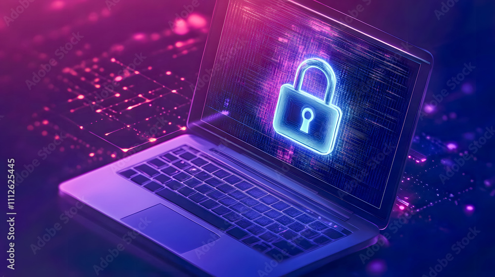 Poster digital security concept with laptop displaying lock icon in abstract neon lights and binary code ba