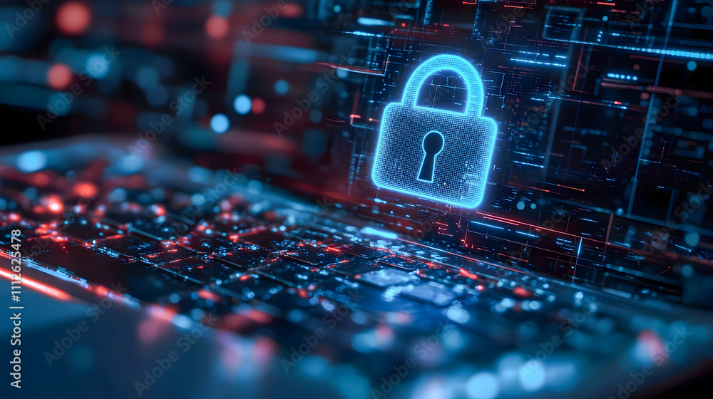 Poster digital security concept with lock icon overlay on laptop keyboard in futuristic technology environm