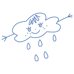 Cute funny cloud, weather character with happy smiling face, hands in simple doodle style.
