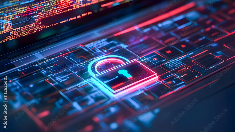 Poster futuristic laptop with digital lock graphic representing cybersecurity and data protection concepts 