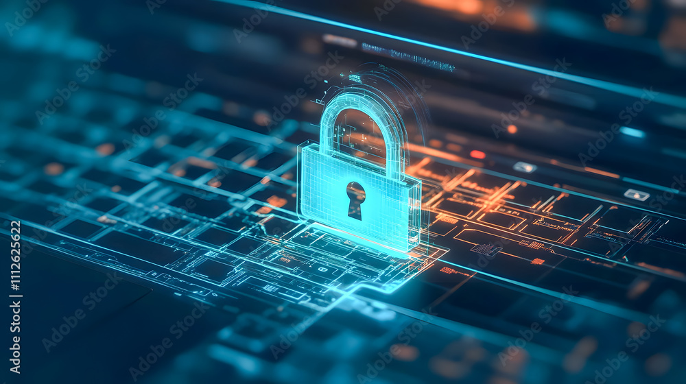 Poster digital security symbol with lock over keyboard representing cybersecurity concept and data protecti