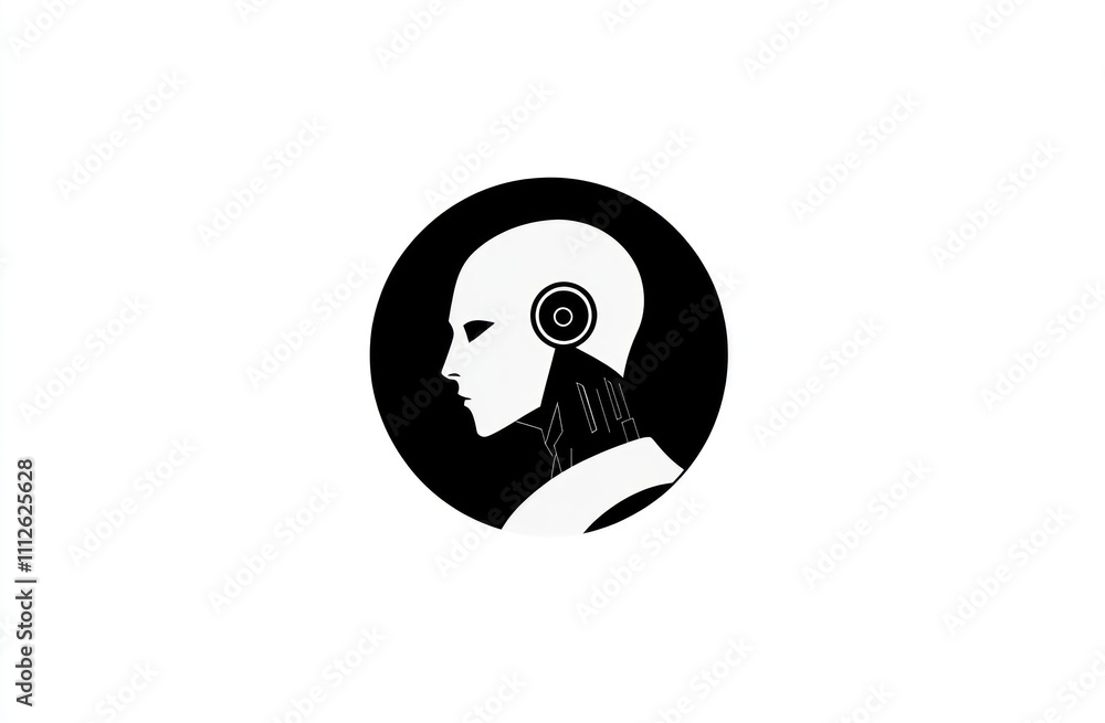 Poster here's a possible and keyword list for your stock photo.. monochrome robot head profile in circle.