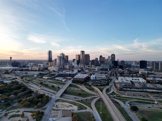 Obraz premium Aerial view of downtown Dallas at dusk, shot with a drone camera