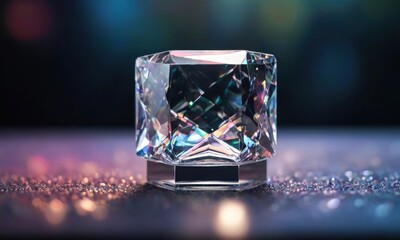 Luminous Crystal Gem: A captivating close-up of a multifaceted crystal, sparkling with inner light against a shimmering, bokeh-filled background.  The image exudes luxury, sophistication.