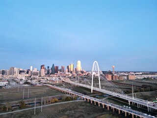 Margaret Hunt Hill Bridge Dallas at dusk aerial drone shot