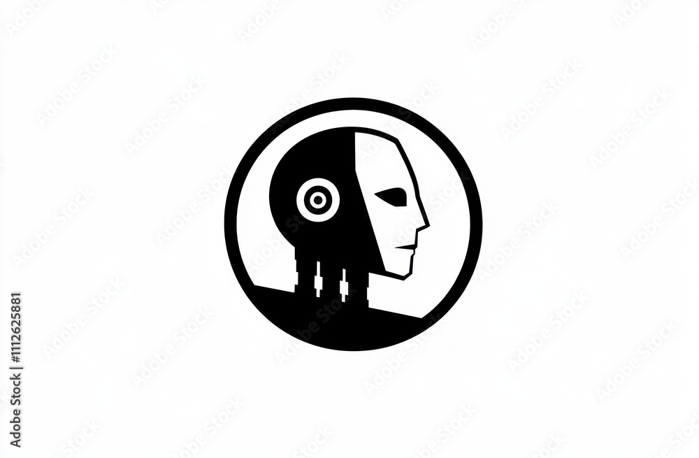 Poster monochrome robot head profile in a circle, representing ai, technology, and artificial intelligence.