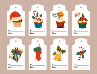 Set of Christmas tags for gift wrapping. Gift labels with cupcakes, caramel cane, Christmas bell. Flat illustration on white background.