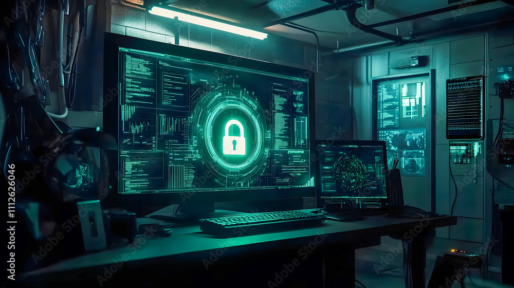 Poster digital security setup in a modern office with high-tech screens and cyber data visualization