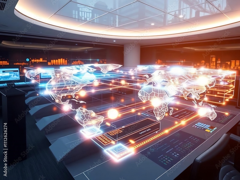 Poster global network visualization on a futuristic control room table.