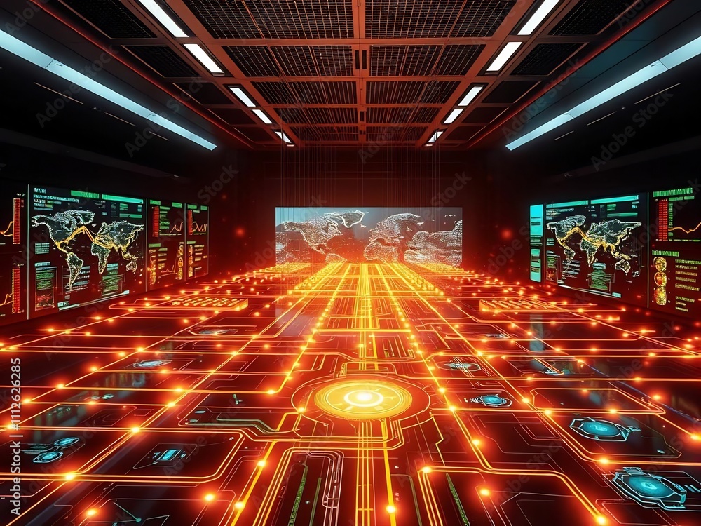 Poster futuristic control room with glowing network pathways and global data displays.