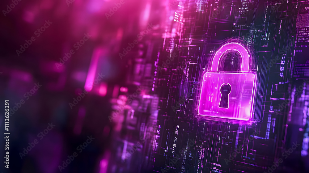 Poster neon lock icon with digital data background representing cybersecurity and data protection in a futu