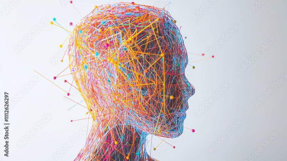 Poster a colorful head with many lines and dots