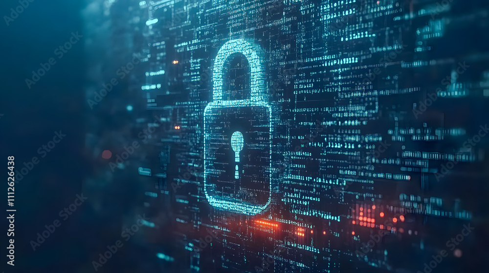 Poster digital lock symbol representing cybersecurity, data protection, and encryption in a futuristic abst