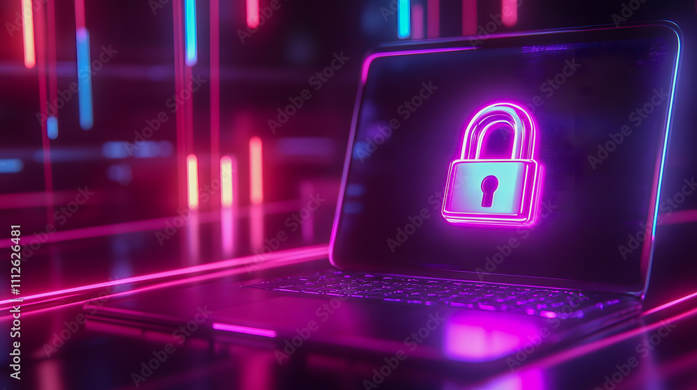 Poster futuristic laptop with neon lock symbol representing digital security and data protection in a cyber
