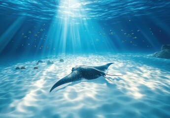 Majestic Manta Ray Gliding Gracefully Through Crystal Clear Waters in an Underwater Paradise Illuminated by Sunlight Rays