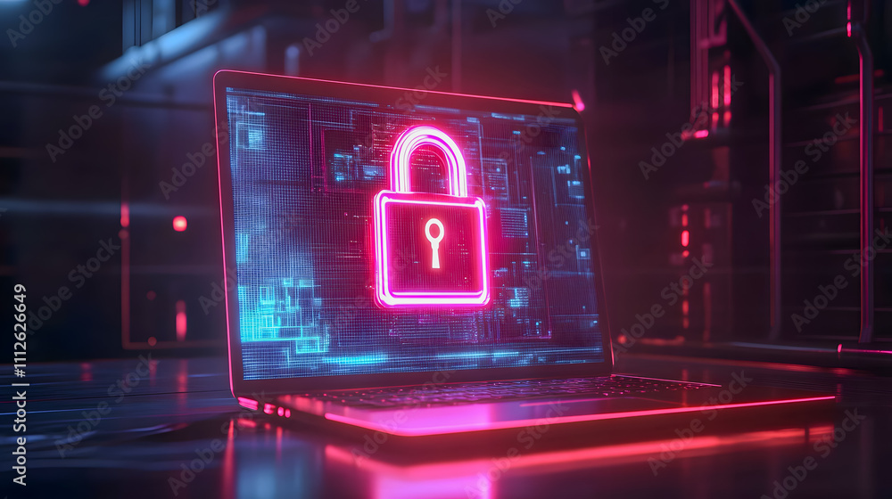 Poster neon lock icon on laptop screen in cyber environment with digital circuitry graphics and glowing eff