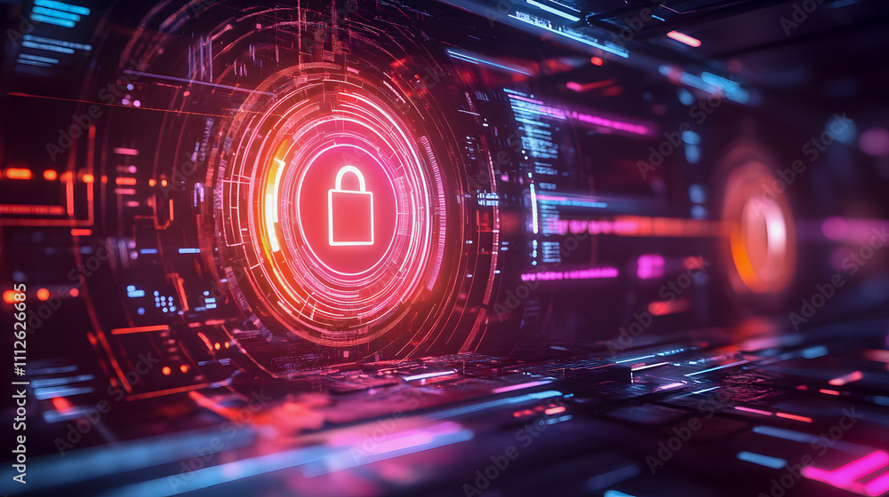 Aufkleber abstract digital lock concept with vibrant neon lights representing cybersecurity and data protectio