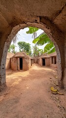 Obraz premium Exploring a vibrant African village with traditional mud houses surrounded by lush banana trees