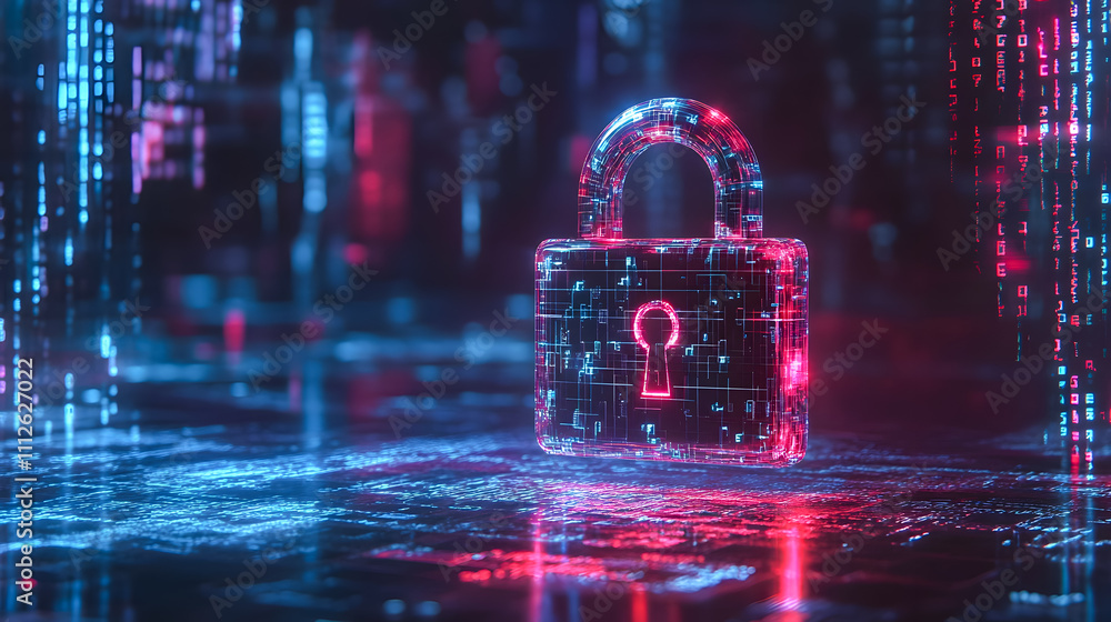 Poster futuristic digital lock in a data stream with neon glow against a cyber background representing data