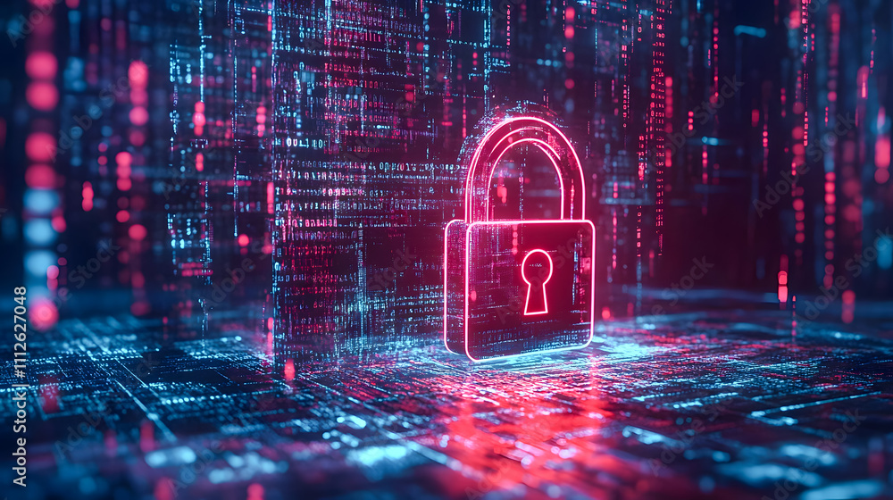 Poster futuristic digital lock symbolizing cybersecurity and data protection in an abstract technological e