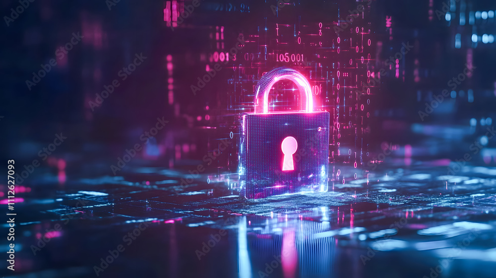 Poster digital padlock with glowing effects on a cyber background representing data security and online pri