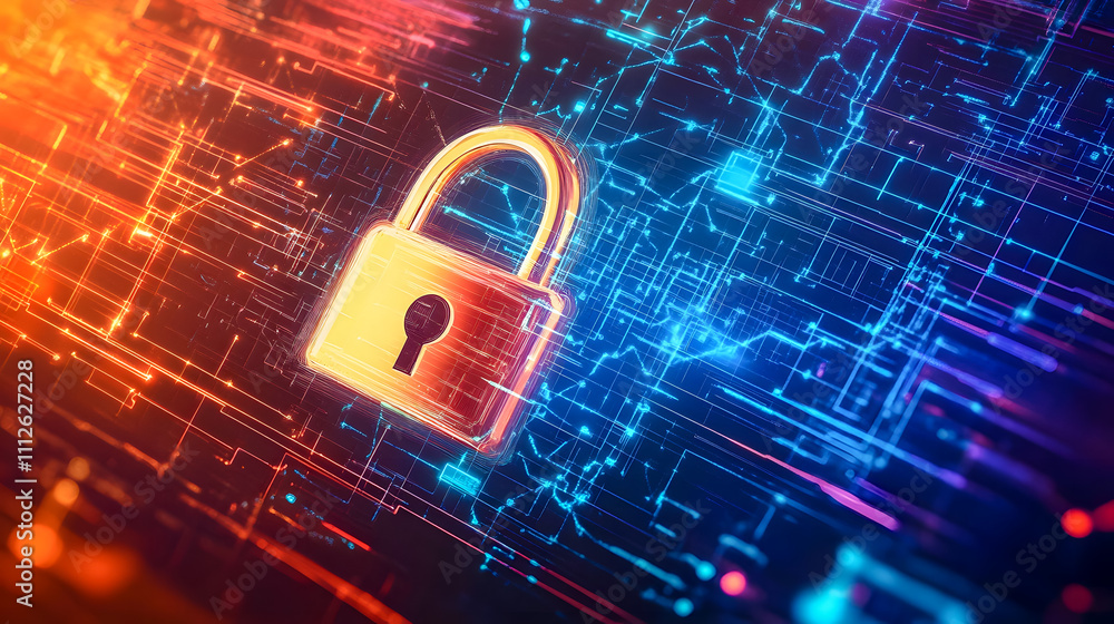 Poster digital lock icon surrounded by colorful circuitry illustrating cybersecurity and data protection co