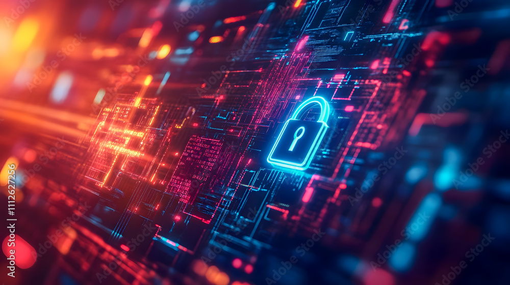 Poster vibrant digital locks and data patterns symbolizing cybersecurity and protection in modern technolog