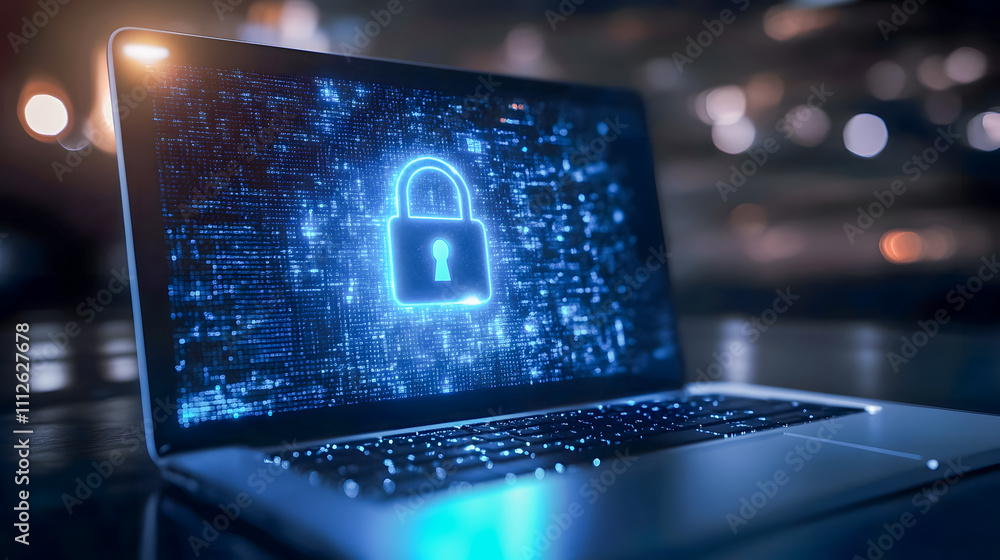 Poster digital security concept on laptop screen with lock symbol representing cybersecurity and data prote