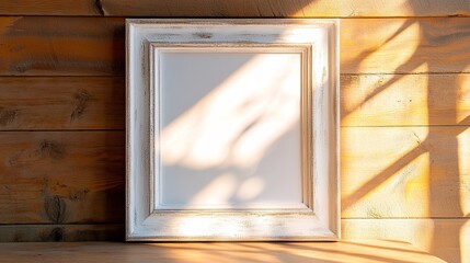 Fototapeta premium Empty frame on wooden wall with sunlight and shadow play