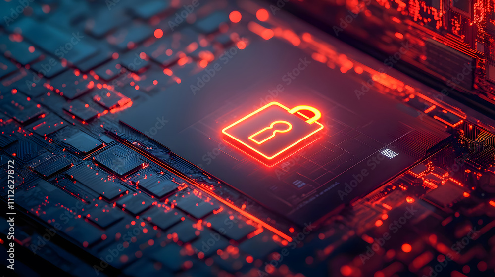 Poster neon red lock symbol on circuit board background illustrating data security and digital protection c