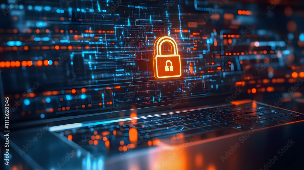 Poster digital cyber security concept with lock symbol over laptop keyboard and futuristic data matrix back