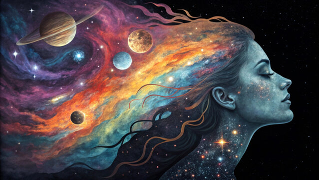 Fototapeta A woman's profile is intertwined with a cosmic scene where her hair becomes a vibrant galaxy full of planets and stars. His calm expression is surrounded by swirling colors and heavenly bodies. AI gen