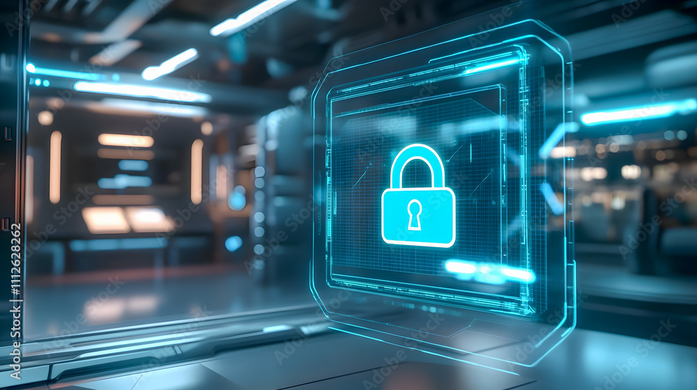 Poster digital representation of a secure padlock symbol on a futuristic interface in a modern technology e