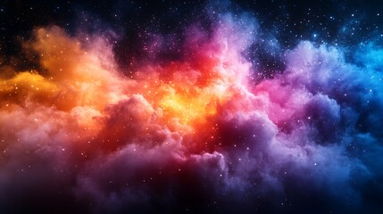 Vibrant nebula with colorful clouds and stars.