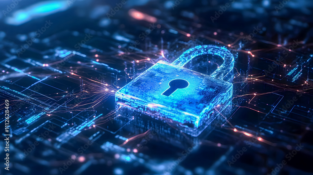 Poster digital padlock glowing in cyberspace illustrates data protection and security concepts with binary 