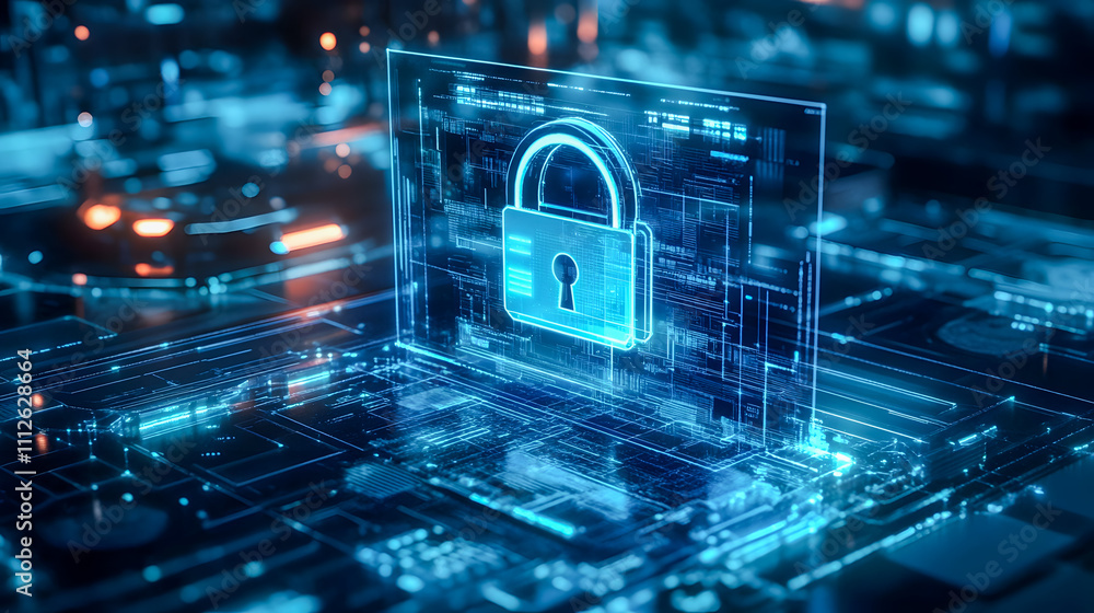 Poster futuristic digital lock icon on circuit background representing cybersecurity and data protection in