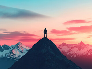 person stands atop mountain, silhouetted against vibrant sunset sky. scene captures beauty of nature and sense of achievement