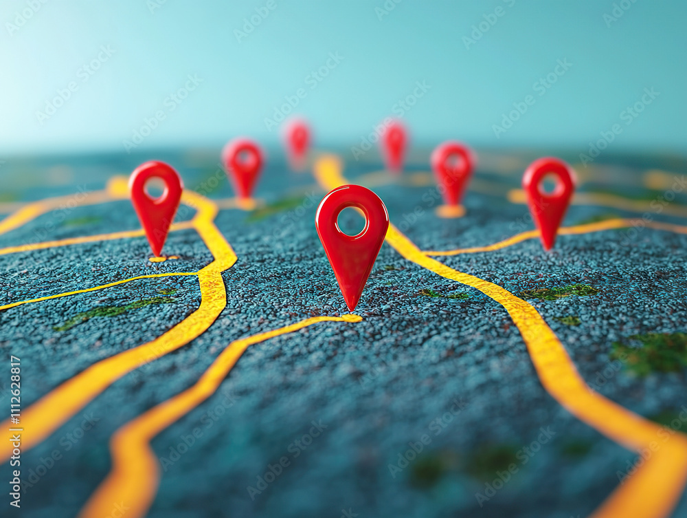 Poster map with red location pins on textured surface, representing navigation and travel. vibrant colors c
