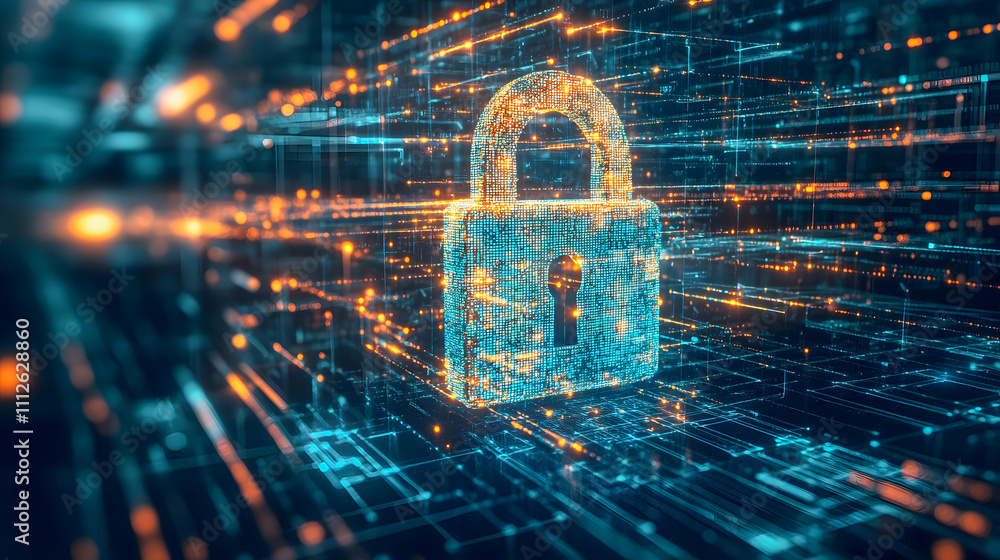 Poster digital lock concept over cyber background representing data security and encryption technology in m