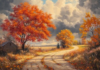 Obraz premium Serene Autumn Landscape with Colorful Trees, Winding Path, and Dramatic Clouds Above a Peaceful Countryside Scene of Fall Beauty