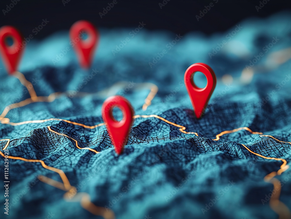 Poster detailed 3d map featuring red location pins on textured surface, showcasing geographical features an