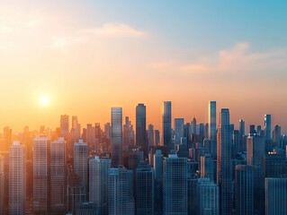Fototapeta premium stunning skyline at sunset, showcasing tall buildings and vibrant sky. warm hues of orange and blue create serene atmosphere, symbolizing urban life