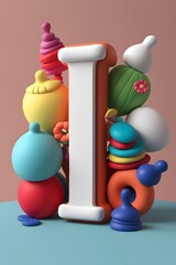 3D Render of Letter 'I' Surrounded by Playful Objects with Clay-like Texture