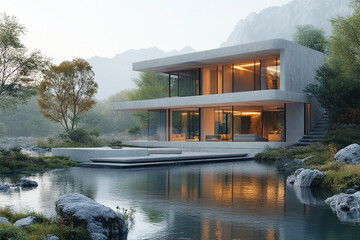 Modern Concrete House Nestled In A Serene Mountain Landscape